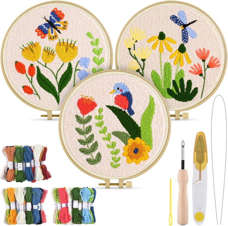 TINDTOP 3 Sets Punch Needle Kits, Flowers Punch Embroidery Kits for Adults Beginner, Tool with Punch Needle Fabric, Hoops, Yarns and Sewing Needles - Image 1
